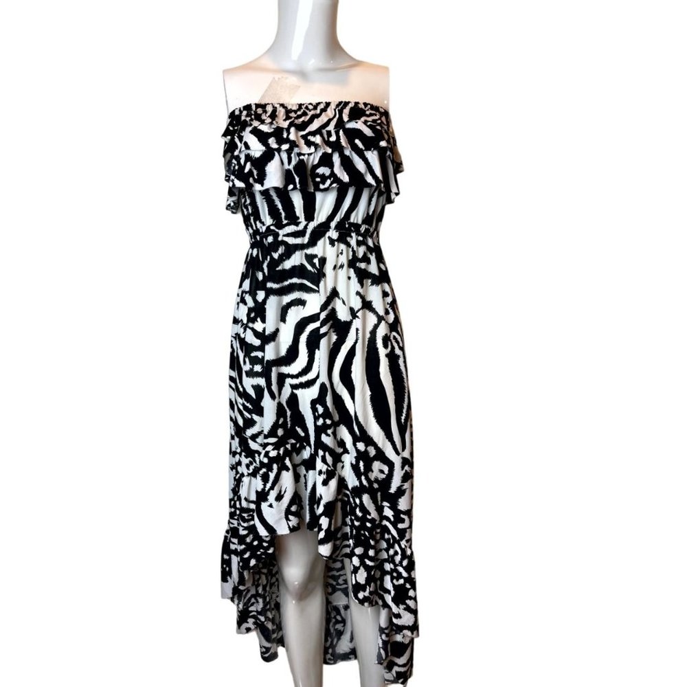 5th & Love Women Strapless Ruffle Hi Low Dress Stretch Zebra Print Black White S